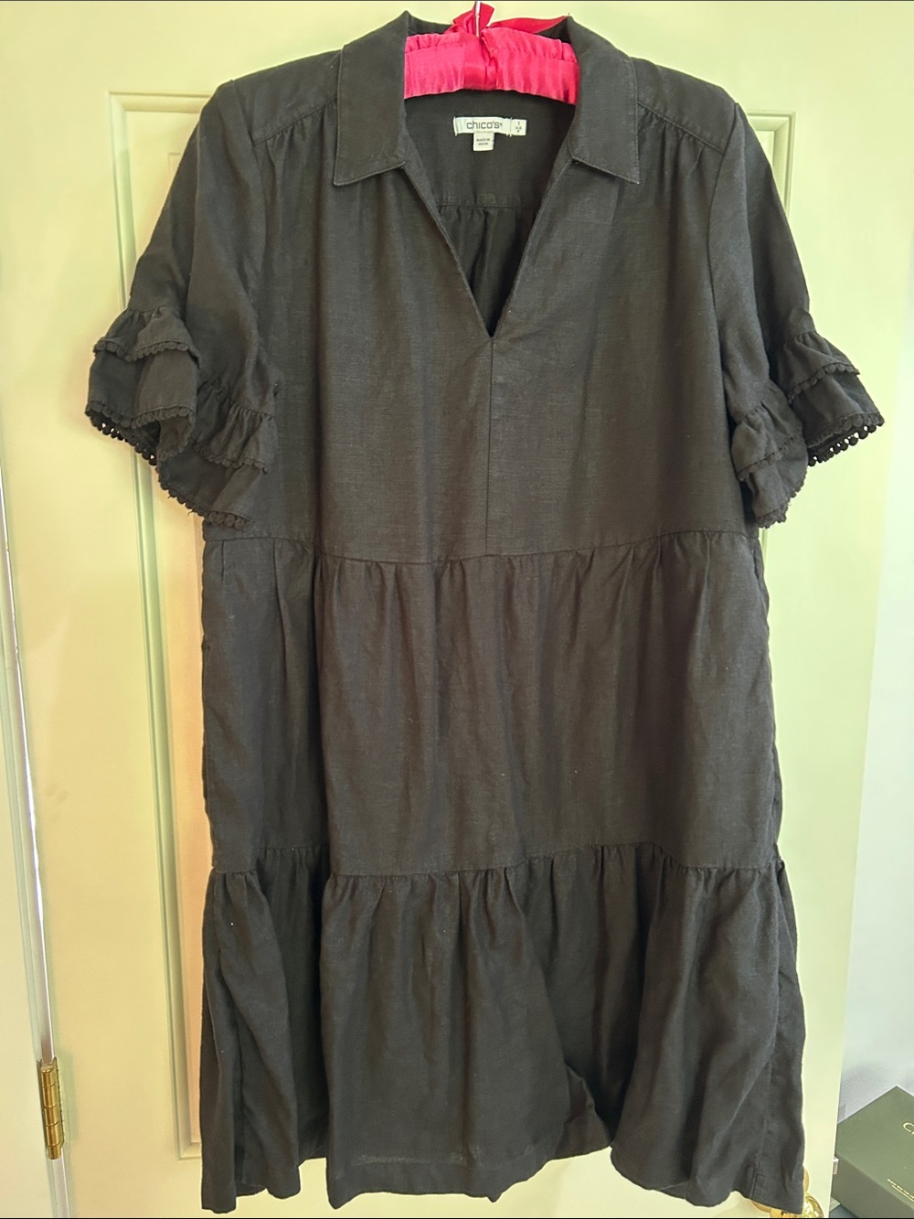 Chico's Linen Black Tiered V-Neck Midi Dress with Ruffle Sleeves